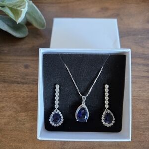 Blue Sapphire Cubic Zirconia Teardrop Earrings & Necklace Bridal Jewelry Set